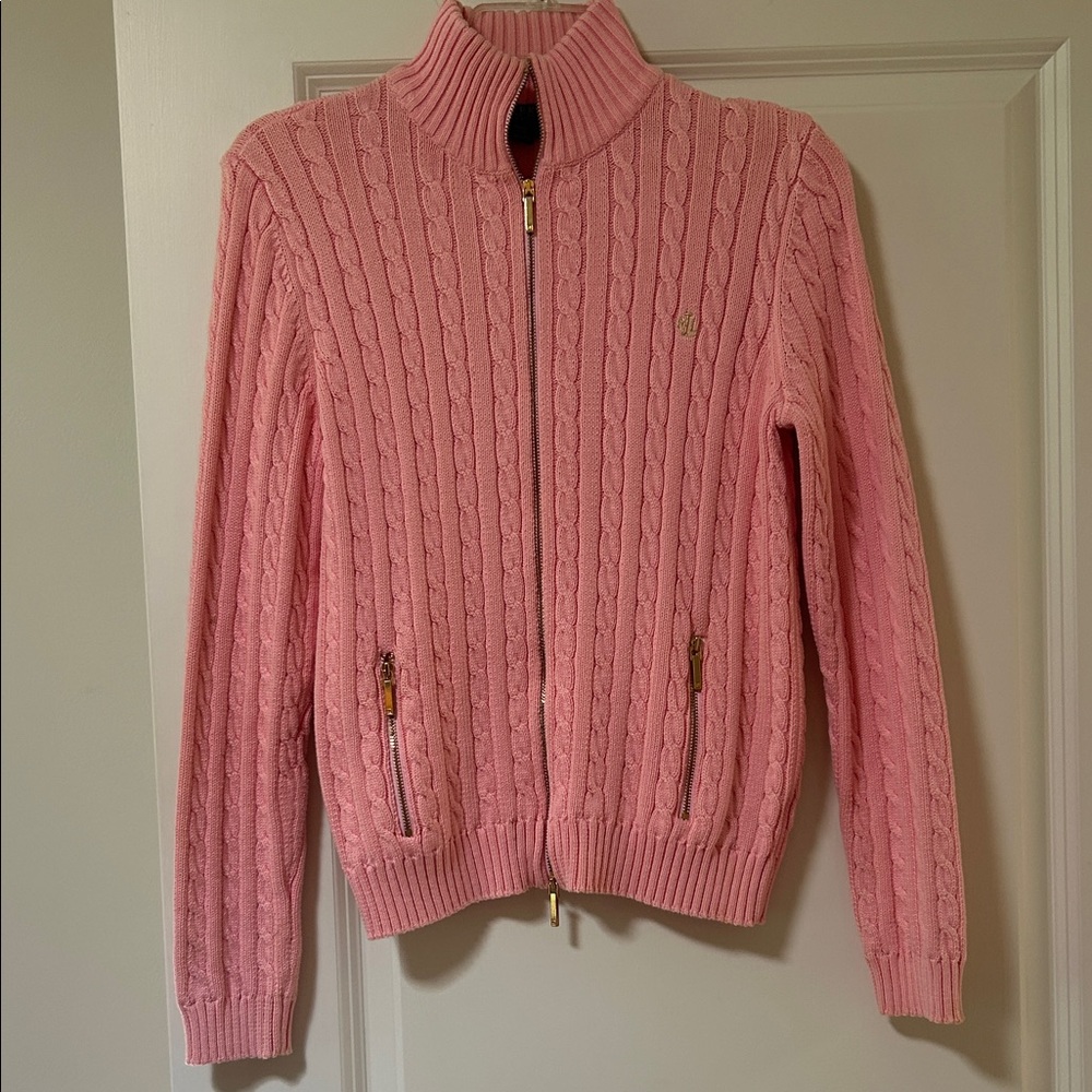 Ralph Lauren Pink Cable Knit Zip Sweater